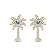 14K Yellow Gold 1/5 ct. Diamond Palm Tree Earrings with Blue Center Diamond