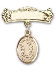Gold Filled Baby Badge with St. Cecilia Charm and Arched Polished Badge Pin, Patron Saint of Music, Musicians & Singers