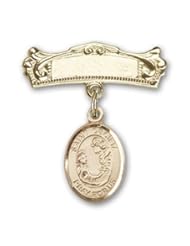 14K Gold Baby Badge with St. Cecilia Charm and Arched Polished Badge Pin