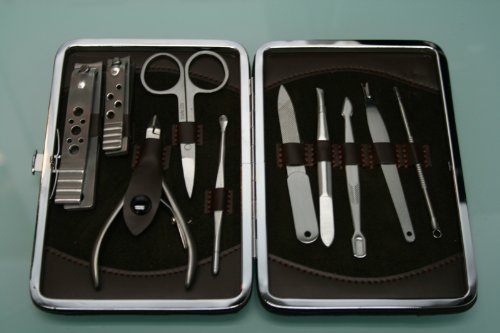 10pc Face and Manicure/pedicure Set Brief Case Clippers Tweezers Nail Care, Leather Travel & Grooming Kit