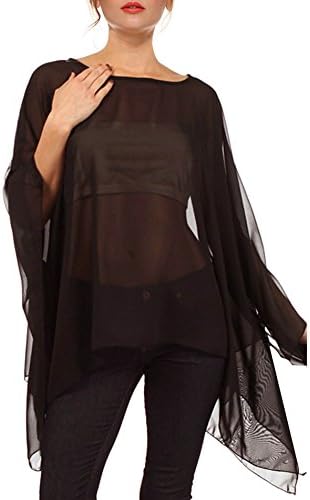 Sheinside Womens Chiffon Irregular Long Sleeve Cover Up Black