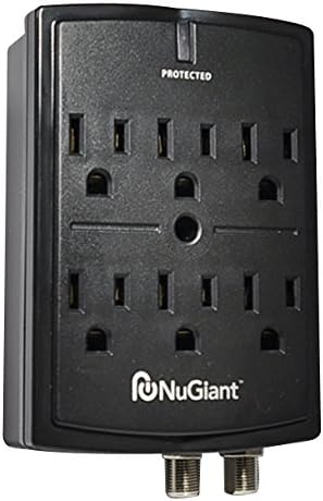 6 Outlet Socket Wall Mount Surge Protector W/Phone DSL TV Cable Line Protected ,LED Protect Indicators. 1080J w/ Auto Shutdown. 15A, 120V, 60Hz, 1800 Watts. By NuGiant NSS16A
