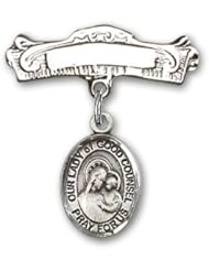Sterling Silver Baby Badge with Our Lady of Good Counsel Charm and Arched Polished Badge Pin