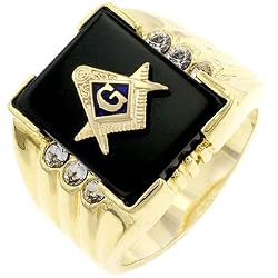 Black Onyx Gold Plated Masonic Ring - Sizes: 9-14