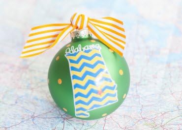 Coton Colors Chevron Painted Christmas Ornaments. The 100mm Round Glass Alabama in a Colorful State Ornament Is Designed with a Chevron Patterned State Shape Accented By Artistic Alabama Writing.