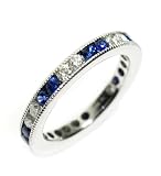 Platinum Filigree Anniversary Band or Stacking Ring, Channel Set Full CIrcle Alternating Two Diamonds and Two Sapphires, Fine Millgrain Edge, Ring Size 4.25 (T.w 1.00)