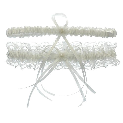 Lace Ruffle Faux Pearl Chiffon Floral Ribbon Wedding Garter with Toss Away