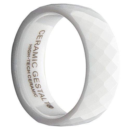 White Ceramic Ring by CERAMIC GESTALT® - 8mm Width. Faceted Design. (Avail. Sizes 5 to 14).