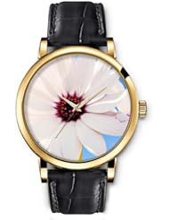 SPRAWL Aanalog Fashion Series Gold Ladies Watches of Genuine Black Leather Strap,Unique Wrist Watch for Women Girls Designed with white flower