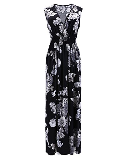 OUGES Women's V-Neck Sleeveless Pocket Casual Maxi Dress(Black-01,XL)