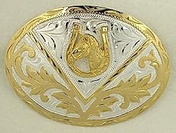 GERMAN SILVER HORSE HEAD/HORSESHOE WESTERN BUCKLE ~  4-1/4" x 3"  BUCKLE