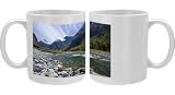 Photo Mug of Mountain scenery - Hollyford river flowing down Hollyford valley surroundend by from Ardea