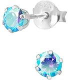 .925 Sterling Silver Aurora Borealis Aqua Crystal Round Stud Earrings for Girls, Hypoallergenic