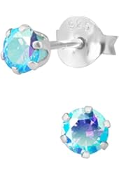 .925 Sterling Silver Aurora Borealis Aqua Crystal Round Stud Earrings for Girls, Hypoallergenic