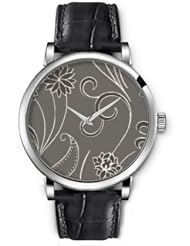 SPRAWL Aanalog Fashion Series Silver Ladies Watches of Genuine Black Leather Strap,Unique Wrist Watch for Women Girls Designed with Gray flowers on gray background