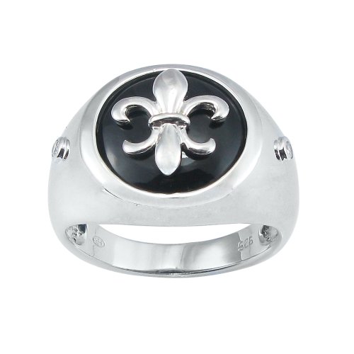 Mens Sterling Silver Onyx Fleur-de-Lis Ring, Size 11