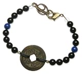 Black Onyx “Protection” Bracelet with Chinese Coin – 7 1/2″