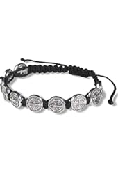 Saint St Benedict of Nursia Silver Tone Medal 8 Inch Adjustable Black Cord Wrist Bracelet