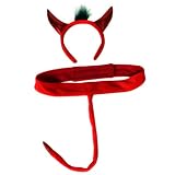 Plush Red Devil Headband Horns and Tail Costume Set