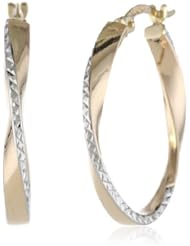 14k Two-Tone Gold High Polished Diamond Cut Semi-Oval Hoop Earrings