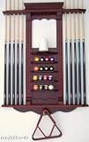 10 Cue Stick and Pool Ball Wall Rack Made of Wood Mahogany Finish
