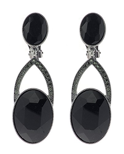 Women's Oval Gemstone Rhinestone Accent Clip On Dangling Fashion Earrings