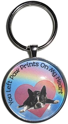 Boston Terrier You Left Paw Prints On My Heart Pet Memorial Rainbow Key Ring or Car Charm