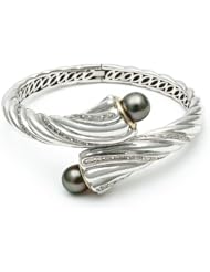 Sterling Silver Twisted Hinged Bracelet with Black Tahitian Pearl Ends, 14K Yellow Gold, and Diamond Swirl Accents