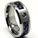 8MM Tungsten Carbide Ring BLUE SAPPHIRE .050 Carat & BLACK/ BLUE Carbon Fiber Inlay Wedding Band Sizes 7 to 13