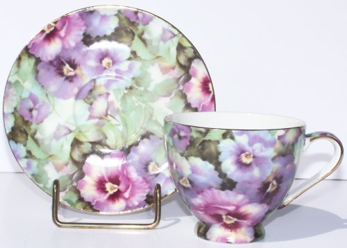 Fine Porcelain Pansy Chintz Footed Cup and Saucer Set