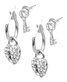 Fossil Earrings - Key Stud and Heart Lock Duo (Color: Silver)