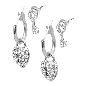 Fossil Earrings - Key Stud and Heart Lock Duo (Color: Silver)