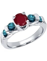 1.93 Ct Round Red Ruby Blue Diamond 18K White Gold Ring