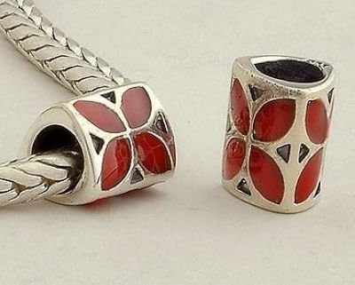 DUMAN 1pc 925 Silver Enamel Charms Red 4 Petal Flower Beads Compatible with Pandora Chamilia Kay Troll European Bracelets