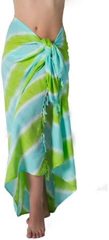 Long Swimsuit Sarong Cover up in Blue Tye Dye Print with Fringe