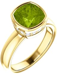 18K Yellow Gold 8.00x8.00mm Antique Cushion Cut Peridot and Diamond Ring -- LIFETIME WARRANTY