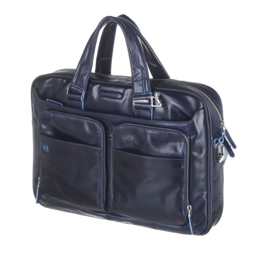 PIQUADRO Italian Leather Briefcase Dark Blue BLUE SQUARE Collection