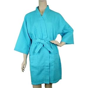 Aqua Turquoise Waffle Weave belted shortie travel spa bathrobe robe