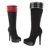 5 inch Heel Knee High Boot Women's Size Shoe With Plaid Fabric