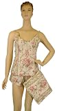 Roses Pink with stripe French Elegant Design Baby Doll Pajamas Shorts and Camisole set with travel pouch ~ 3 sizes