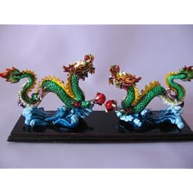 Chinese Dragons Statue Figurine Hand Painted Porcelain on Wood Base 5inches