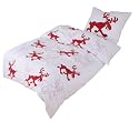 Kinzler B-02915 / 99 Bettw&auml;sche Elch 2-teilig 80 x 80 cm und 135 x 200 cm Baumwoll Biber / wei&szlig;-rot