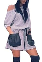 Above the Knee Cotton/Leather Long Sleeves Jumper/Mini Dress 