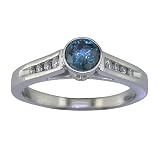 0.60 Ct. Round Cut White & Blue Diamond Engagement Ring With Accent Diamonds In 14k White Gold in Bezel Setting, Available In Sizes 4, 5, 6, 7, 8, & 9.