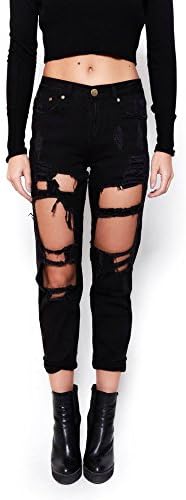 Mink Gal Women's Destoryed Boyfriend Ripper Denim Jeans Pants Colour Black Size XS