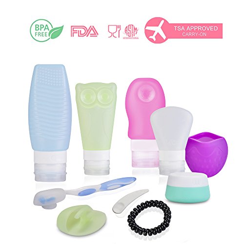 DOMIRE [10 Set] Refillable Silicone Travel Bottle Set & Cosmetic Travel Containers BPA Free FDA Certified Squeezable Silicone 1 Package Including 10 Set Organizers for Toiletries, Shampoo, Lotion, Sunblock, Conditioner