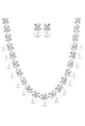 ACCESSORIESFOREVER Women Bridal Wedding Jewelry Rhinestone Pearl Lovely Dangles Necklace Set J706 Silver