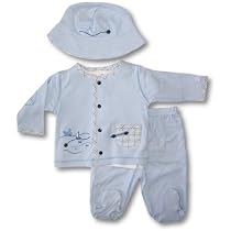 Miniclasix Baby Boys Blue Shirt, Pant And Hat Set ~ Whale SIZE 0 3 months
