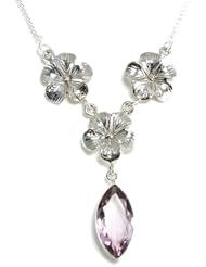 Sterling Silver 4.2ct Large Natural Untreated Amethyst Flower Necklace- Amethyst 20x10mm