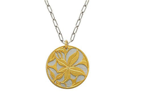 14K Two-Tone Matte Medallion Pendant, Set with a White Gold Back Finding, and a Yellow Gold Pattern Design Plate, Sliding on a 16'' Open-link Chain.